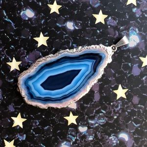 Dark Blue Agate Geode Pendant in Silver setting